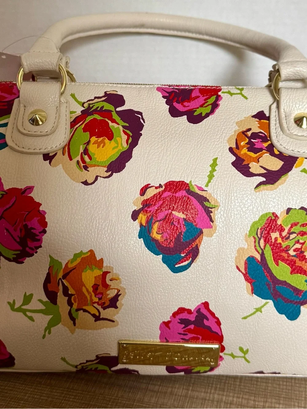 OOAK NWT BETSEY JOHNSON FRINGY FLORAL SATCHEL BAG WHITE W/GOLD HARDWARE 13x9”
